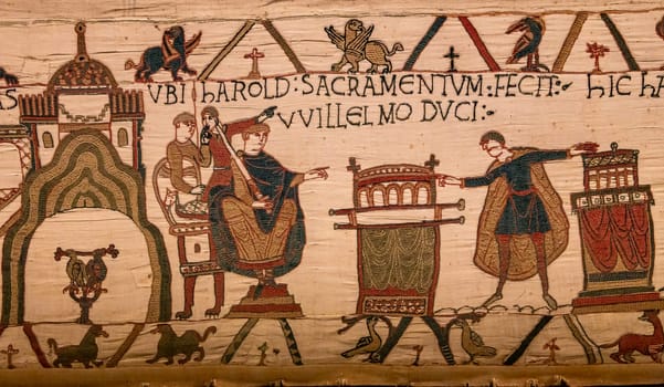 BAYEUX, FRANCE, MAY 14, 2024 : Tapestry of Bayeux, illustrate the battle of Hastings year 1066, Norman conquest of England