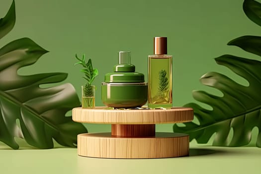 Skincare cosmetics displayed on a podium against a green background.