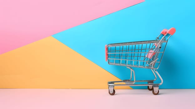 A shopping cart with electric blue wheels is placed on a colorful background with tints and shades of magenta and triangle art elements