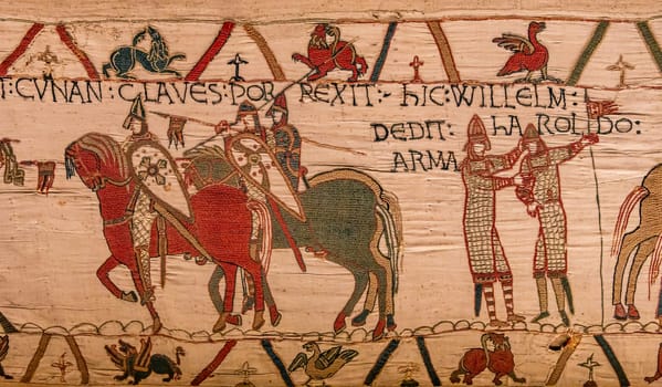 BAYEUX, FRANCE, MAY 14, 2024 : Tapestry of Bayeux, illustrate the battle of Hastings year 1066, Norman conquest of England