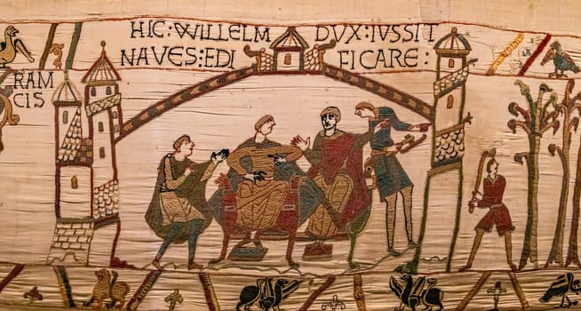 BAYEUX, FRANCE, MAY 14, 2024 : Tapestry of Bayeux, illustrate the battle of Hastings year 1066, Norman conquest of England