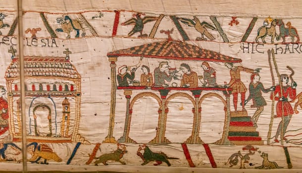 BAYEUX, FRANCE, MAY 14, 2024 : Tapestry of Bayeux, illustrate the battle of Hastings year 1066, Norman conquest of England