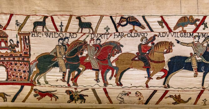 BAYEUX, FRANCE, MAY 14, 2024 : Tapestry of Bayeux, illustrate the battle of Hastings year 1066, Norman conquest of England