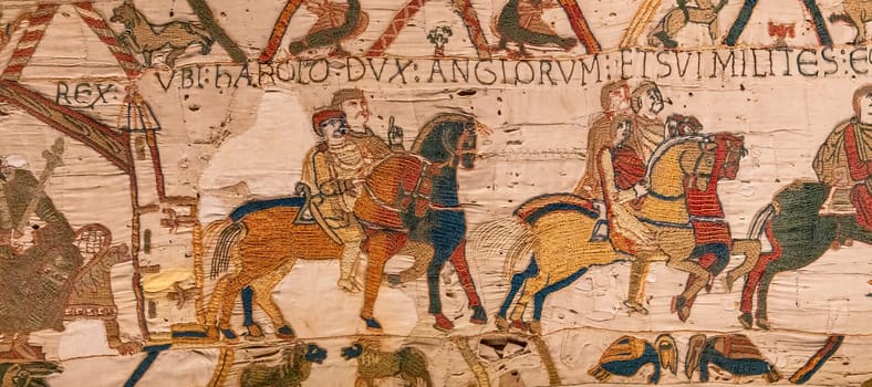 BAYEUX, FRANCE, MAY 14, 2024 : Tapestry of Bayeux, illustrate the battle of Hastings year 1066, Norman conquest of England