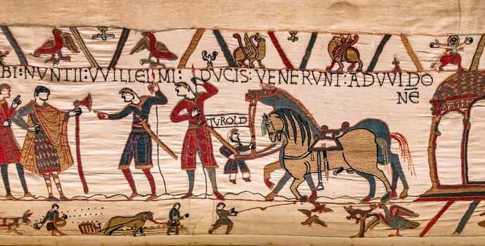 BAYEUX, FRANCE, MAY 14, 2024 : Tapestry of Bayeux, illustrate the battle of Hastings year 1066, Norman conquest of England