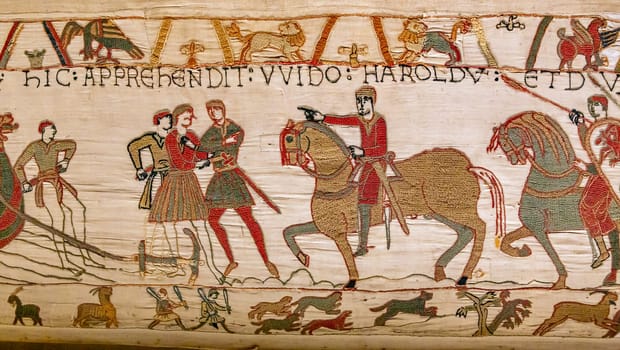 BAYEUX, FRANCE, MAY 14, 2024 : Tapestry of Bayeux, illustrate the battle of Hastings year 1066, Norman conquest of England