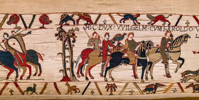 BAYEUX, FRANCE, MAY 14, 2024 : Tapestry of Bayeux, illustrate the battle of Hastings year 1066, Norman conquest of England