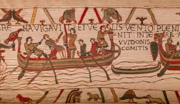 BAYEUX, FRANCE, MAY 14, 2024 : Tapestry of Bayeux, illustrate the battle of Hastings year 1066, Norman conquest of England