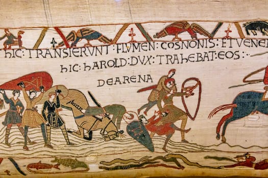 BAYEUX, FRANCE, MAY 14, 2024 : Tapestry of Bayeux, illustrate the battle of Hastings year 1066, Norman conquest of England