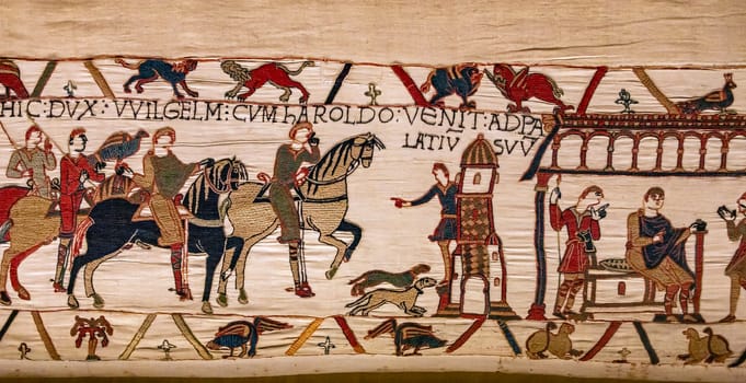 BAYEUX, FRANCE, MAY 14, 2024 : Tapestry of Bayeux, illustrate the battle of Hastings year 1066, Norman conquest of England