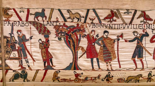 BAYEUX, FRANCE, MAY 14, 2024 : Tapestry of Bayeux, illustrate the battle of Hastings year 1066, Norman conquest of England