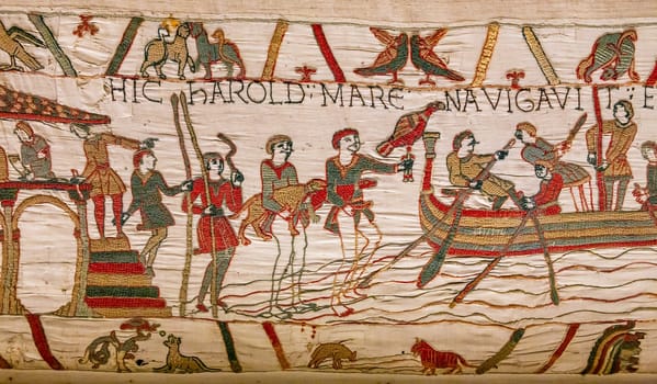 BAYEUX, FRANCE, MAY 14, 2024 : Tapestry of Bayeux, illustrate the battle of Hastings year 1066, Norman conquest of England