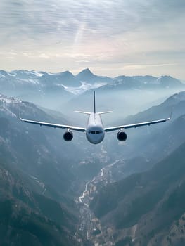 An aircraft is soaring through the sky above a breathtaking mountain range, surrounded by fluffy clouds and a picturesque landscape stretching to the horizon