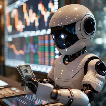 A robot is holding a money and stock chart on background.