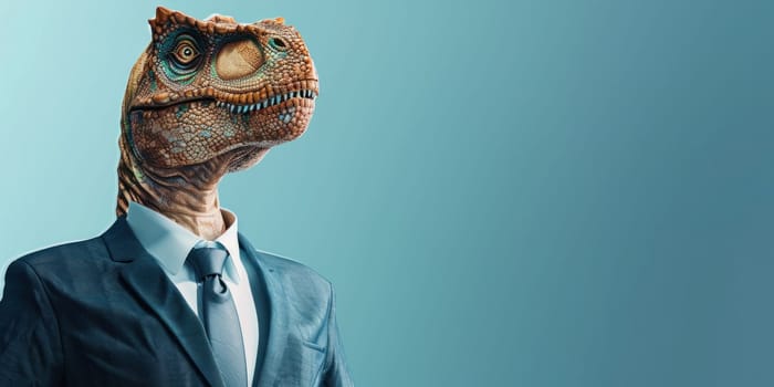 Dinosaur business trip stylish trex head in suit and tie on light blue background