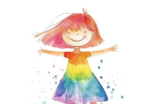 Happy little girl in colorful dress with arms outstretched enjoying artistic adventure and joyful playtime