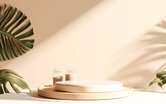 A white table with a wooden tray and three plates on it, creating a minimalist and stylish dining setup.