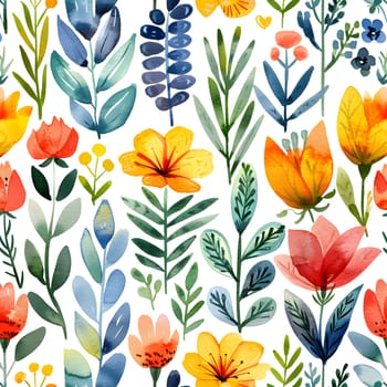 A beautiful seamless pattern featuring watercolor flowers, leaves, and petals on a white background. Perfect for adding a touch of botanical art to dishware, textiles, or serveware