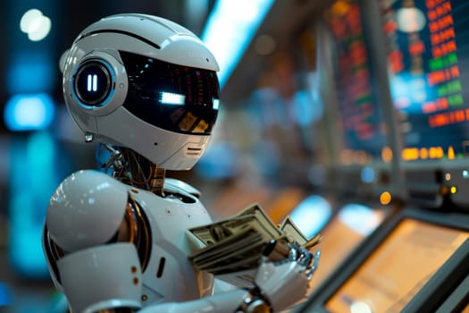 A robot is holding a money and stock chart on background.