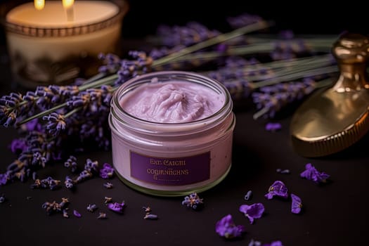 A jar of lavender lotion sits on a table next to a candle and some flowers. The lotion is lavender scented and has a purple color