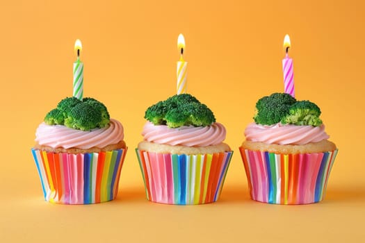 Celebration cupcakes with broccoli and candles perfect for unique birthday party decor ideation