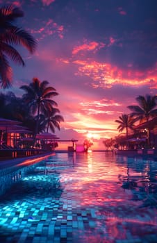 A picturesque dusk scene with a sunset casting a warm afterglow over a swimming pool, surrounded by palm trees against a blue sky