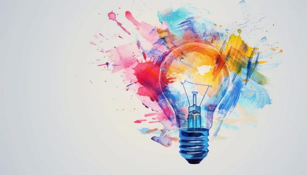 Creative lightbulb with colorful paint splatters, featuring the words idea and lightbulb conceptual design for inspiration and innovation