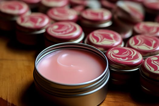 A jar of pink lip balm sits on a wooden table. There are several other jars of lip balm on the table, all of which are different colors and sizes