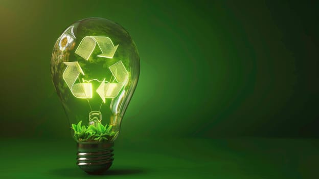 A light bulb with glowing recycling symbol inside on green background, Concept of eco friendly.