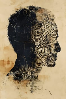 A painting of a mans head with defined facial features such as jawline, eyelashes, and facial hair, highlighted by a unique fingerprint on the forehead