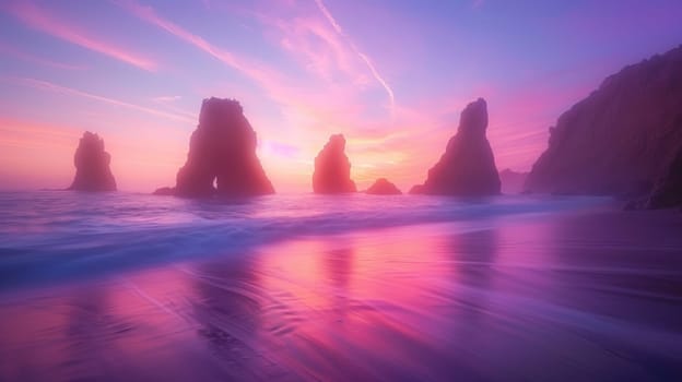 A beautiful sunset over the ocean, with a rocky shoreline in the background. The sky is filled with pink and orange hues, creating a serene and peaceful atmosphere