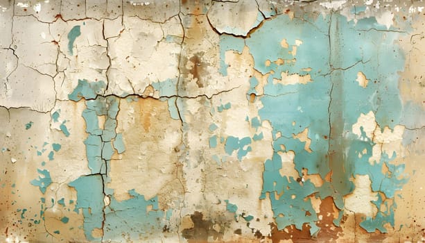 A rectangle of wood with peeling aqua paint and rust, creating a modern art pattern. A visual arts painting with a unique texture