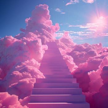 A pink sky with a staircase in the clouds. The image has a dreamy and whimsical mood, as if the viewer is looking up at a magical world