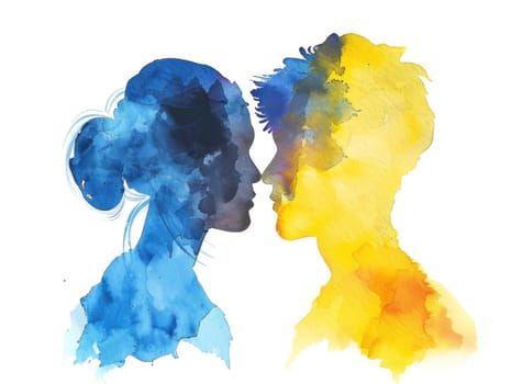 Passionate couple kissing against colorful background love, romance, relationships, watercolor art, affection, sensuality, emotions