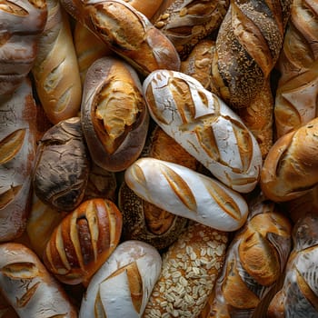 Various types of bread, made from plantbased ingredients, are artfully stacked on top of each other showcasing a delicious array of staple foods that are produced from natural materials