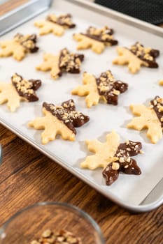 Creating cutout sugar cookies, partially dipped in chocolate and topped with hazelnut pieces, placed on parchment paper.