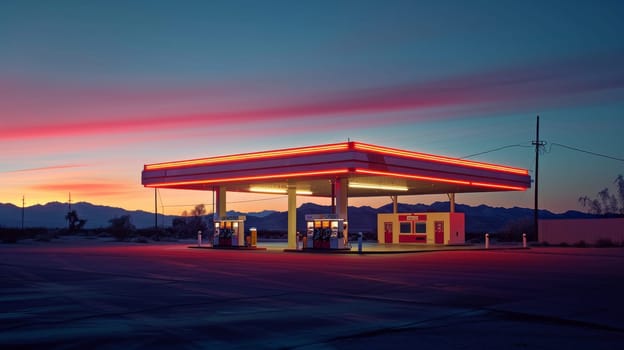 A gas station with a red roof and neon lights. The sky is orange and the sun is setting