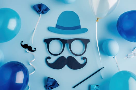 Fashionable mustache hat and glasses with colorful balloons on blue background for fun and style event decor and accessories
