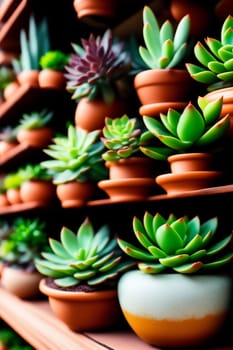 Many different succulents on the shelves of a flower store in daylight. Drawing in watercolor style. Generative AI