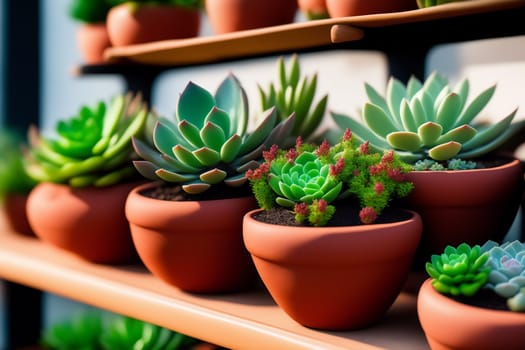 Many different succulents on the shelves of a flower store in daylight. Drawing in watercolor style. Generative AI