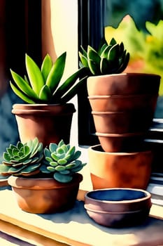 Lots of different succulents on a wooden table in daylight. Drawing in watercolor style. Generative AI