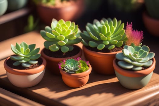 Lots of different succulents on a wooden table in daylight. Generative AI