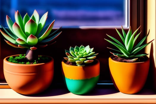 Many different succulents on a windowsill in daylight. Generative AI