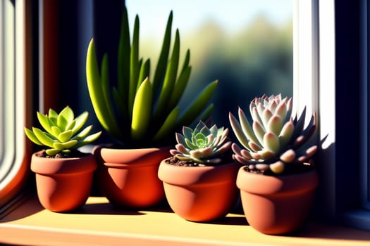 Many different succulents on a windowsill in daylight. Generative AI
