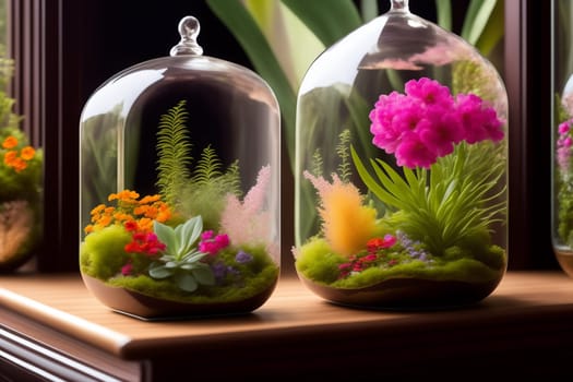 Florarium mini-garden in a glass container on a windowsill, picture in watercolor technique. Generative AI