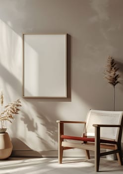 A comfortable living room with a hardwood chair featuring armrests, set on a wooden floor. A rectangle picture frame hangs on the wall, adding tints and shades to the space