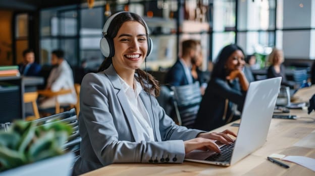 Costumer service, Support staff, Call center, A smiling businesswoman with headset sitting in office and working on laptop.