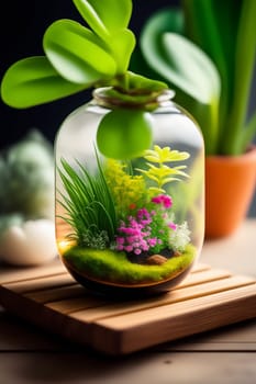 Florarium mini-garden in a glass container on a windowsill, picture in watercolor technique. Generative AI