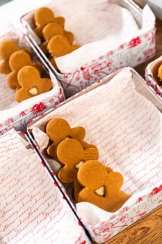 Lovingly homemade gingerbread and sugar cookies, half-dipped in rich chocolate, nestled in decorative Christmas tin boxes perfect for seasonal gifting.