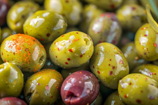 Close-up on ripe green olives marinated with spices. Healthy food, Mediterranean cuisine.